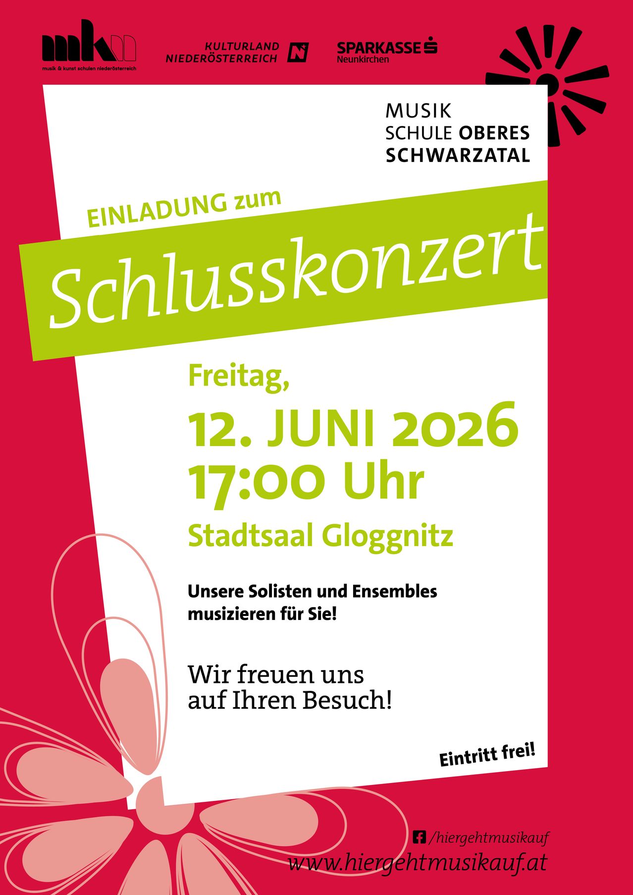 Plakat für ein Abschlusskonzert an der Oberen Schwarzatalschule am 12. Juni 2026 um 17:00. Der Eintritt ist frei.