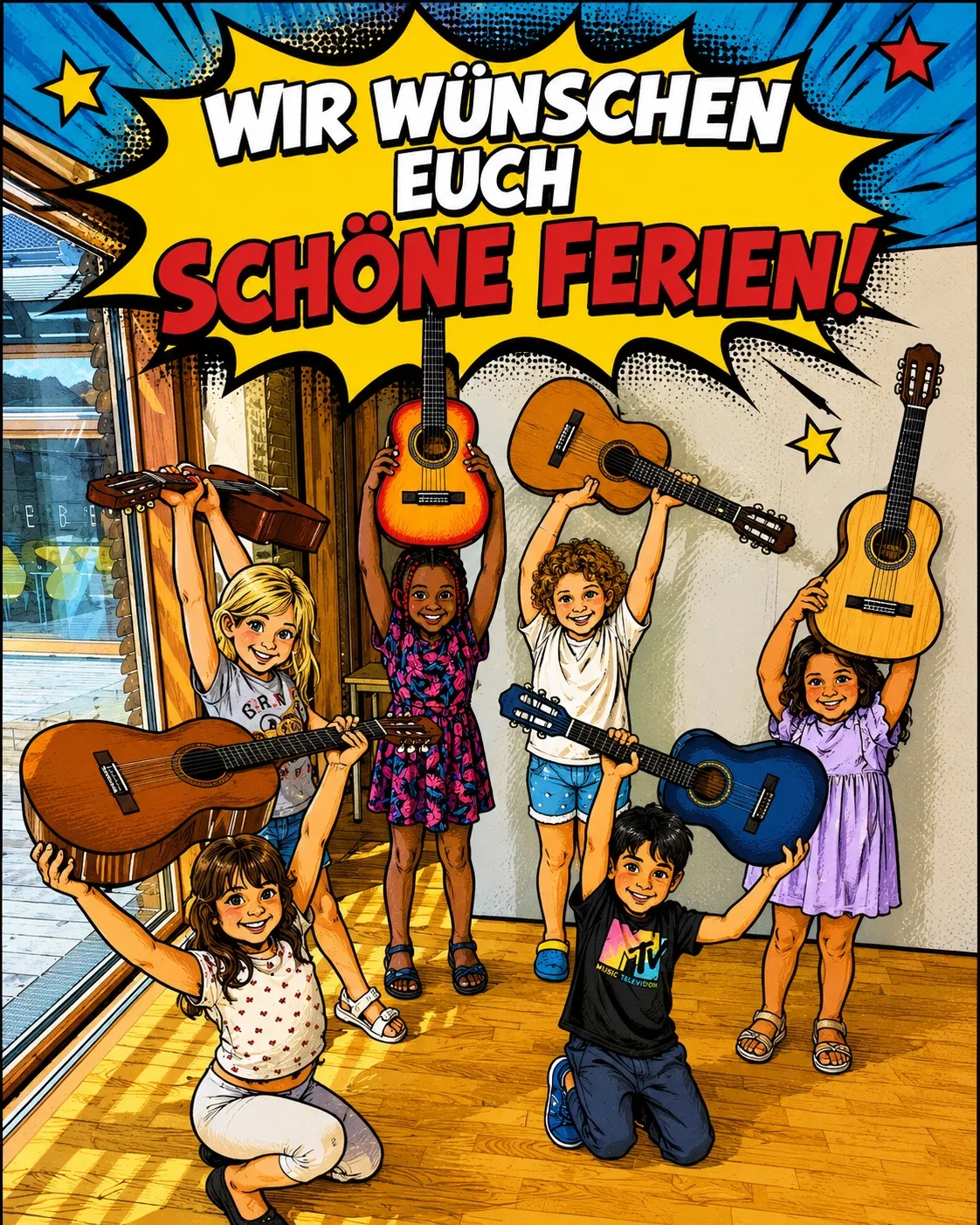 Sechs Kinder halten Gitarren in einem Raum hoch und lächeln für eine fröhliche Illustration. Ein gelber Banner mit 'Wir wuenschen euch Schoene Ferien!' steht in fetten Buchstaben.
