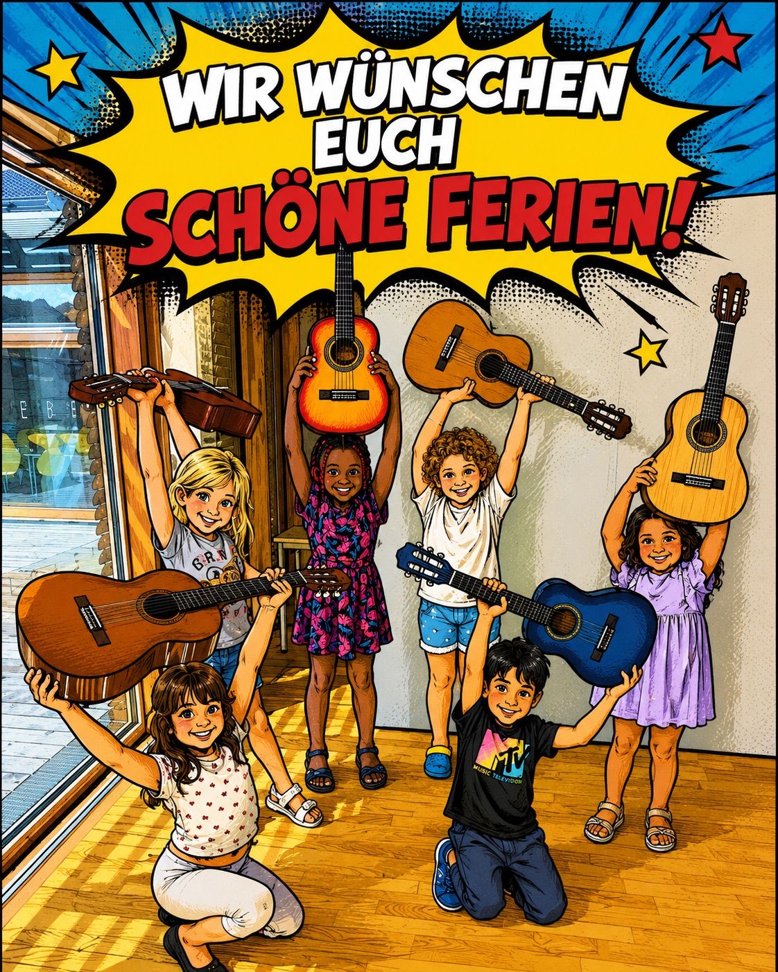 Six children hold up guitars in a room, smiling for a cheerful illustration. A yellow banner reads 'Wir wuenschen euch Schoene Ferien!' in bold letters.