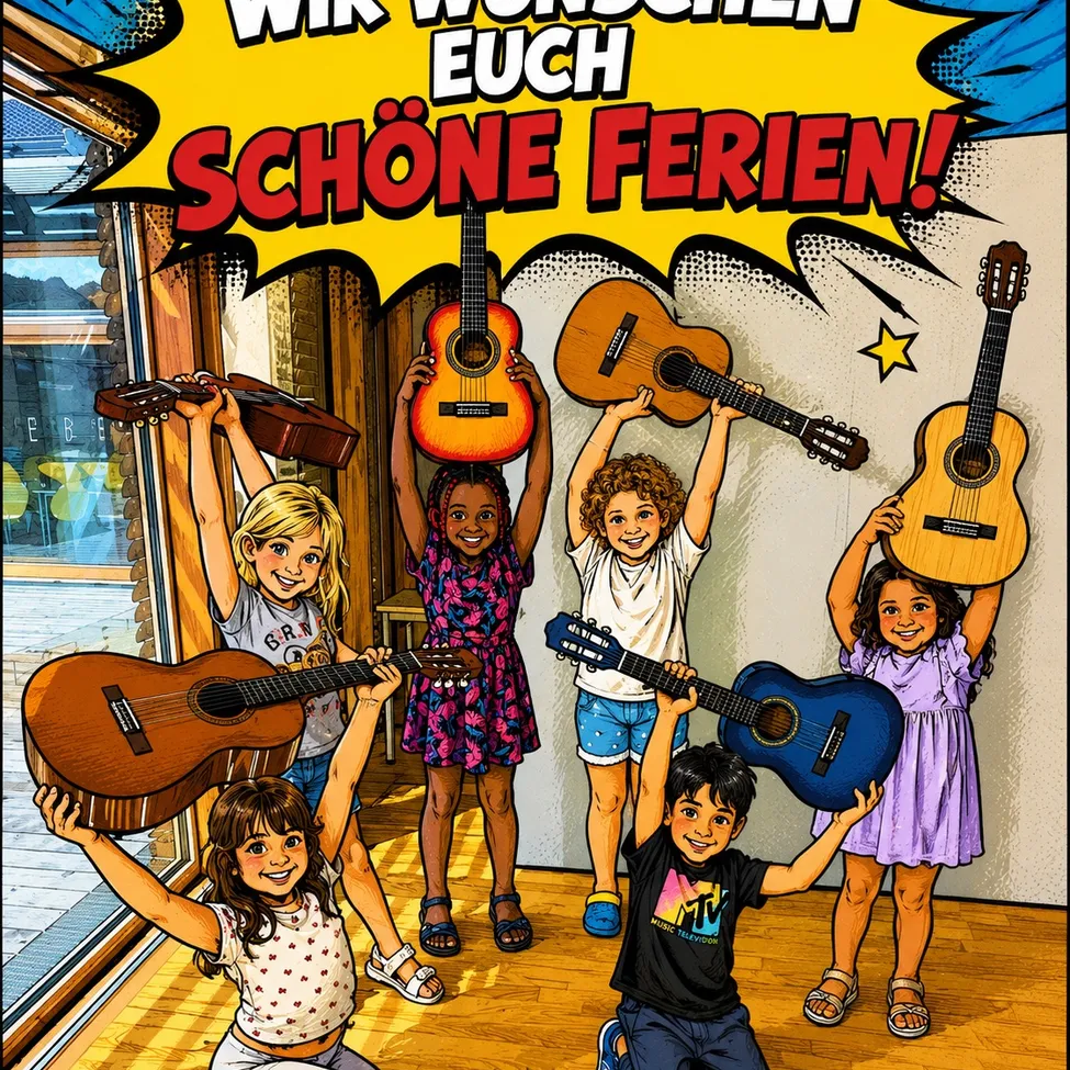 Sechs Kinder halten Gitarren in einem Raum hoch und lächeln für eine fröhliche Illustration. Ein gelber Banner mit 'Wir wuenschen euch Schoene Ferien!' steht in fetten Buchstaben.
