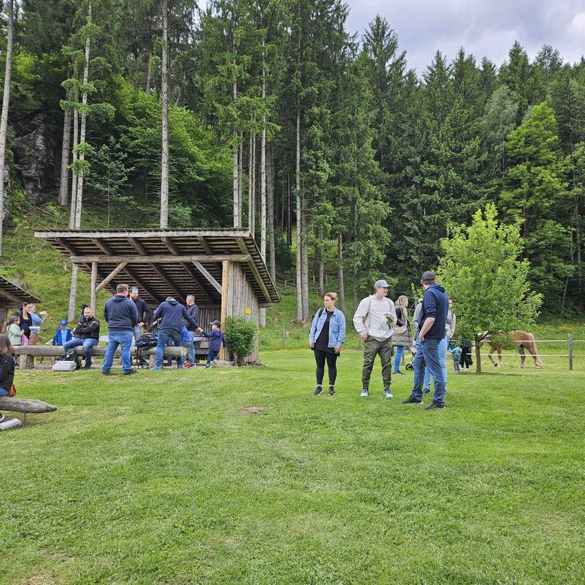 Eine Gruppe von Menschen befindet sich in einer Lichtung im Wald. Einige sitzen auf Bänken, andere stehen. Ein Pferd grast in der Nähe eines Zauns.