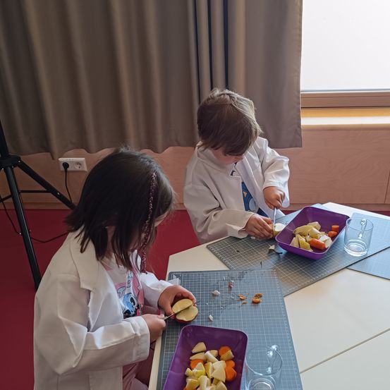 Zwei Kinder in Laborkitteln sitzen an einem Tisch und bereiten Gemüse zu. Ein Kind schneidet einen Apfel, während das andere mit einem Messer Karotten und anderes Gemüse schneidet. Der Tisch ist mit Schneidematten bedeckt. Hinter ihnen befindet sich ein Fenster mit Vorhängen.