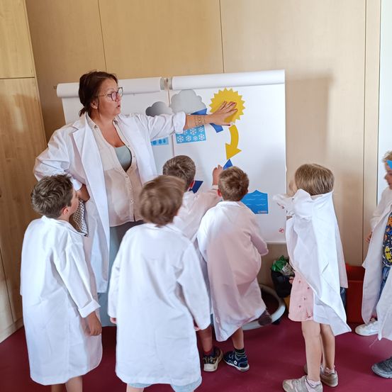 Eine Frau in einem weißen Laborkittel erklärt Kindern in Laborkitteln ein Wetterdiagramm. Die Kinder schauen aufmerksam auf das Diagramm auf einer Tafel, wobei ein Kind darauf zeigt.