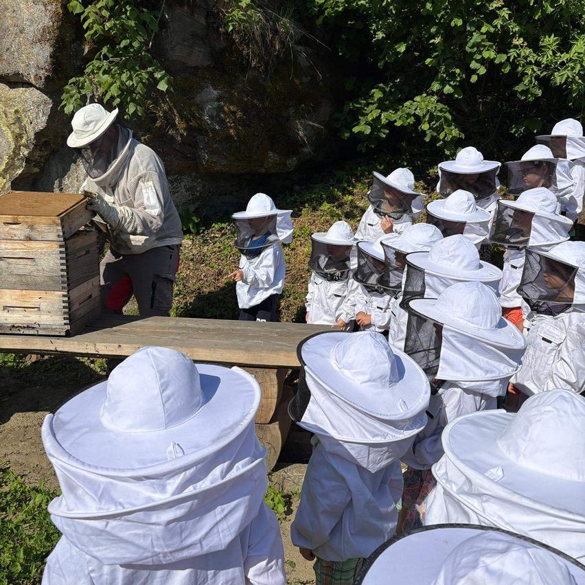 Ein Imker in Schutzkleidung steht vor einem Bienenstock, während mehrere Personen, möglicherweise Kinder, ebenfalls Schutzanzüge und -hüte tragen.