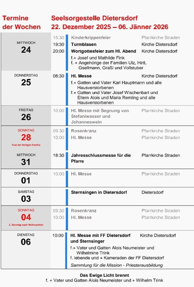 Ein Zeitplan für Kirchenveranstaltungen enthält Zeiten und Orte für Kinderchor, Abendgottesdienste und Messen mit Gesang.