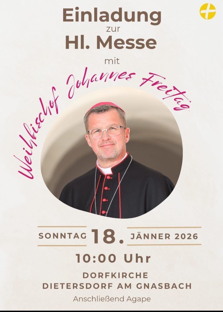 Plakat für eine religiöse Veranstaltung mit Bischof Johannes Freitag, mit einer geplanten Heiligen Messe am Sonntag, 18. Januar 2026, um 10:00 Uhr.