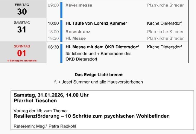 Ein Zeitplan für Gottesdienste. Freitag, 30., Xaverimesse um 09:00. Samstag, 31., Taufe von Lorenz Kummer um 10:00, Rosenkranz um 18:00, HI. Messe um 18:30. Sonntag, 1., HI. Messe um 08:30. Eine Präsentation über Resilienz in Pfarrhof Tieschen.