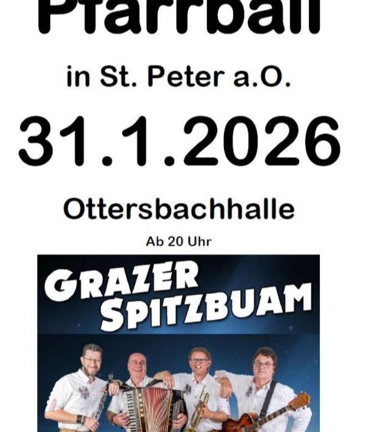 Plakat für das Grazer Spitzbuam-Event am 31. Januar 2026 in St. Peter a.O. in der Ottersbachhalle, Beginn um 20 Uhr. Mit vier Musikern.