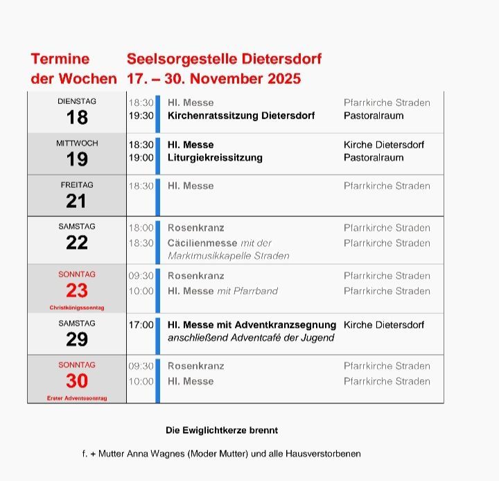 A weekly schedule for Dietersdorf's care services from November 17th to 30th, 2025, lists various religious services, including masses and liturgical processions, at different times and locations.