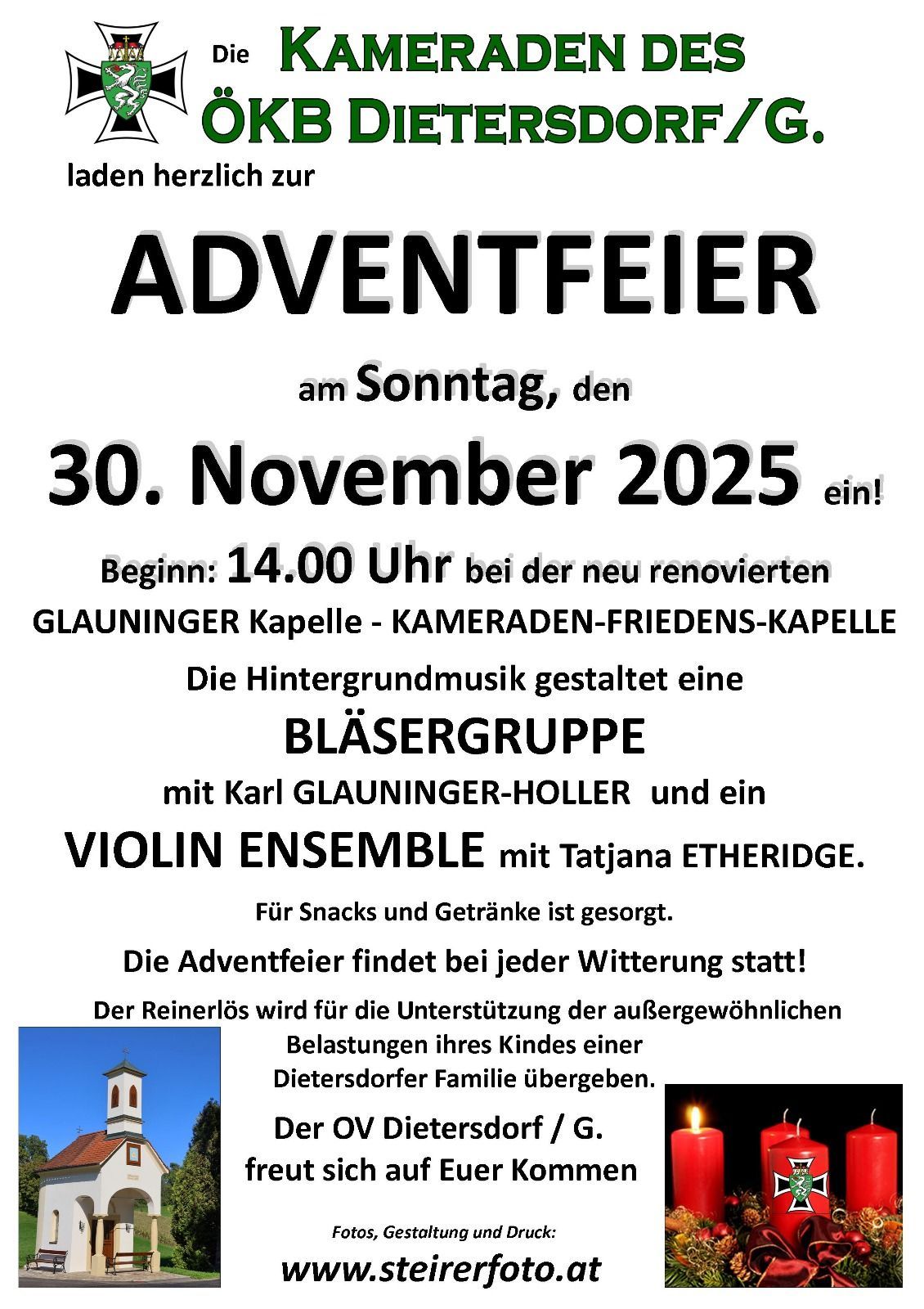 An advertisement for the Adventfeier on Sunday, November 30, 2025. The event starts at 2:00 PM at the newly renovated Glauninger Chapelle, featuring background music by a wind group with Karl Glauninger-Holler and a violin ensemble with Tatjana Etheridge. Snacks and drinks are provided. The Adventfeier occurs in all weather conditions.