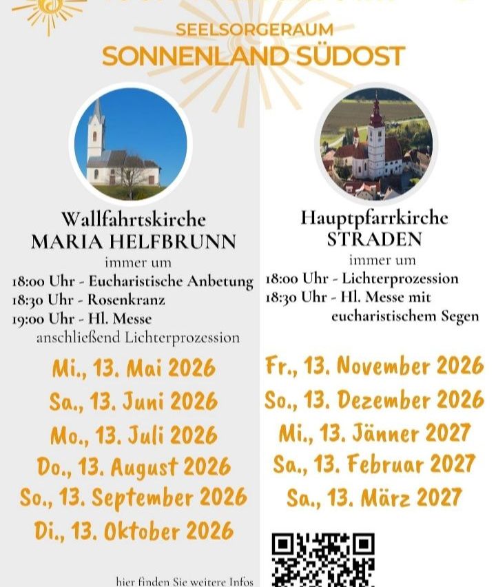 Poster for Maria Hilfbrunn Church. Schedule: Eucharist at 18:00, Rosary at 18:30, Holy Mass at 19:00. Dates: May 13, June 13, July 13, August 13, September 13, October 13.