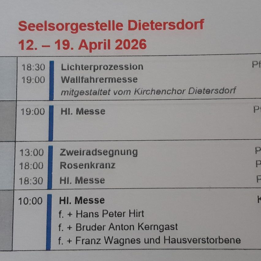 Seelsorgestelle Dietersdorf from April 12 to April 19, 2026. Events include a procession at 18:30, a church service at 19:00, and a blessing at 13:00.