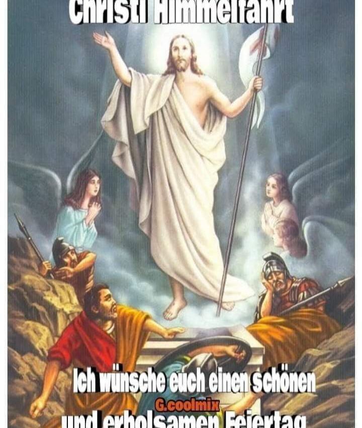Eine Illustration von Jesus Christus mit einem weißen Gewand und langen Haaren, der mit erhobenen Armen und einer Flagge steht. Unten knien Soldaten, einer betet, und zwei Frauen sehen nach oben.