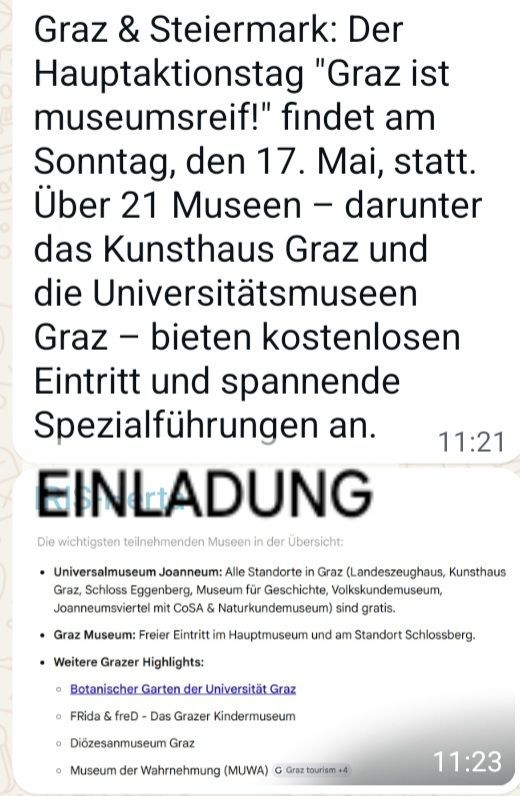 Der Hauptaktionstag 'Grazer Museums' findet am Sonntag, 17. Mai statt. Über 21 Museen - darunter das Kunsthaus Graz und die Universitätsmuseen Graz - bieten kostenlosen Eintritt und spannende Führungen an.