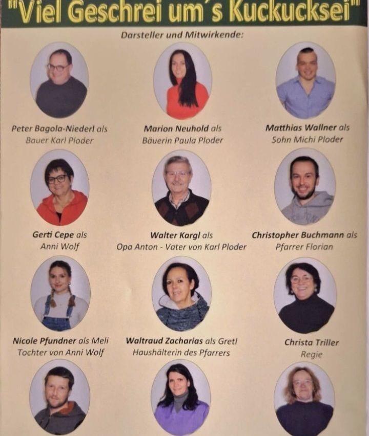 A poster with a list of actors and actresses, each with their character name. The characters include Bauer Karl Plöder, Bäuerin Paula Plöder, Sohn Michi Plöder, Anni Wolf, Opa Anton, Pfarer Florian, and others.