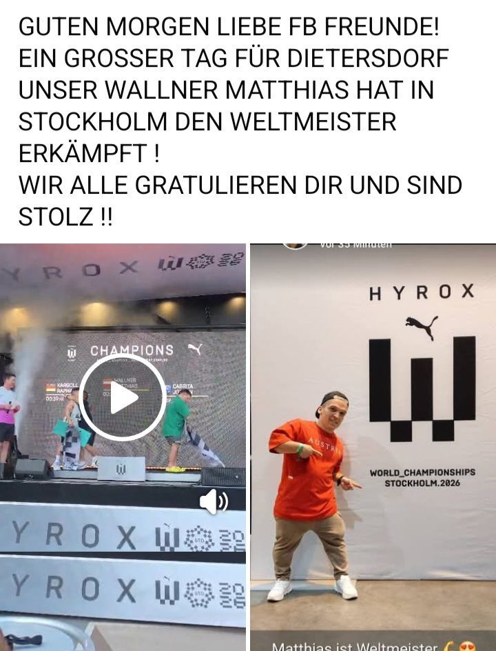 Ein Bild zeigt ein Podium mit Personen in Sportbekleidung, Raucheffekt und Wasserzeichen. Rechts steht eine Person in Orange vor einem HYROX-Banner.