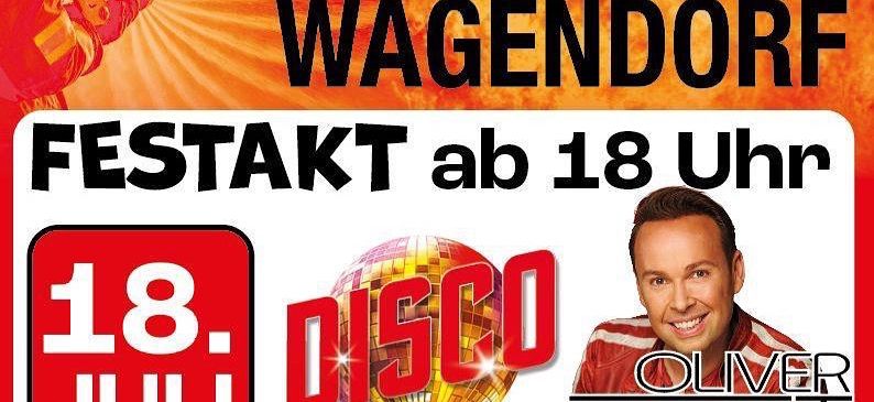 Ein Werbeplakat für das 100-jährige Jubiläum der Freiwilligen Feuerwehr Wagendorf. Die Veranstaltung beginnt um 18 Uhr. Es zeigt ein Bild eines Mannes und einer Discokugel.