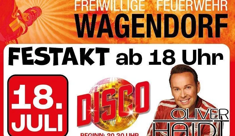 Ein Werbeplakat für das 100-jährige Jubiläum der Freiwilligen Feuerwehr Wagendorf. Die Veranstaltung beginnt um 18 Uhr. Es zeigt ein Bild eines Mannes und einer Discokugel.