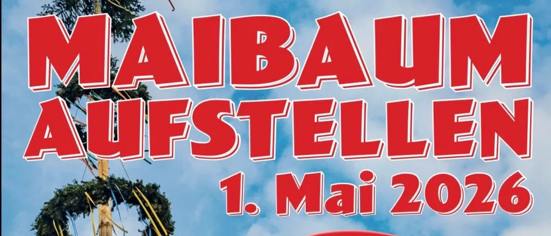 Plakat für das Maibaum Aufstellen-Event in Wagendorf, Deutschland, am 1. Mai 2026, mit einem Maibaum und blauem Himmel. Es lädt ein, sich für Essen und Getränke zu treffen.