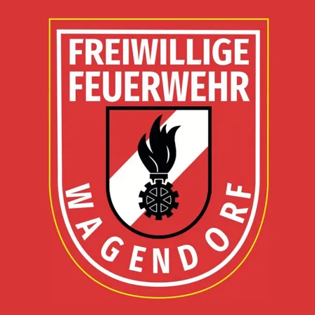 Ein Logo mit 'Freiwillige Feuerwehr' in Fettschrift, einem Feuersymbol und 'Magendorf' am unteren Rand auf rotem Hintergrund.