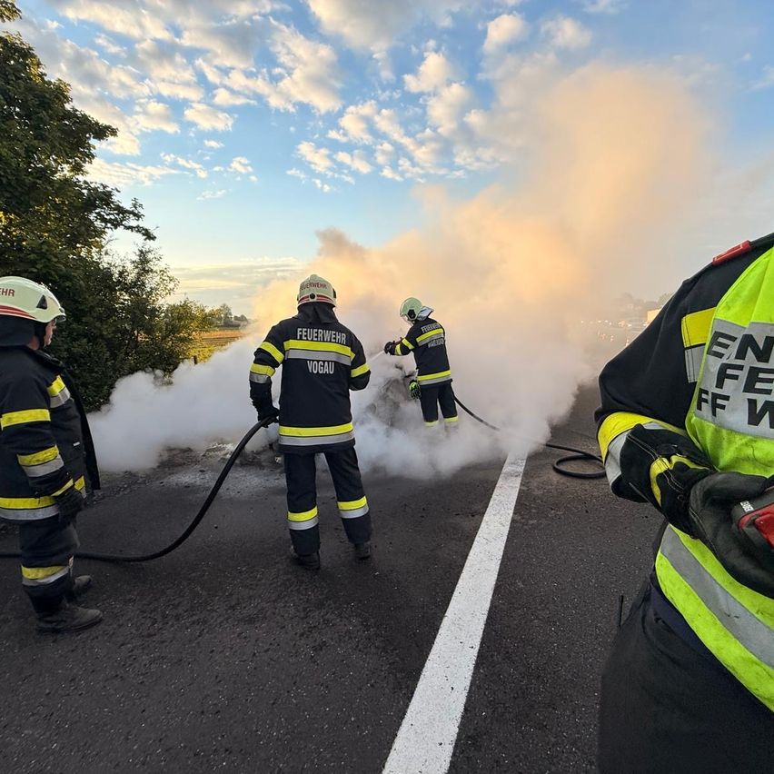 Feuerwehrleute in Uniformen sind auf einer Straße und löschen ein Feuer mit einem Schlauch. Rauch steigt vom brennenden Objekt auf.