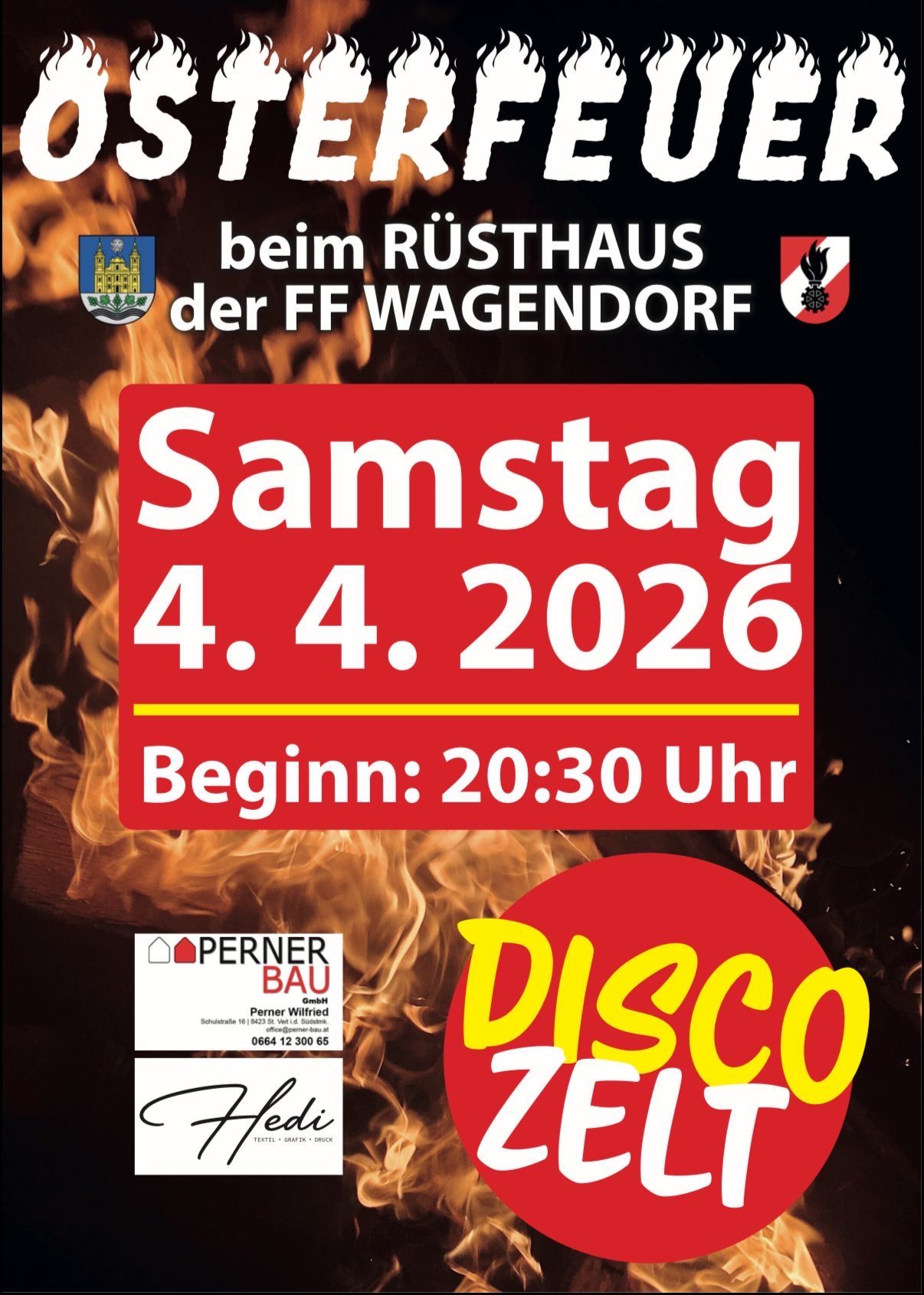 Veranstaltungsplakat für Rusthaus der FF Wagendorf, geplant für Samstag, 4. April 2026, Beginn um 20:30. Ein Logo und Kontaktdaten für Perner Bau sind ebenfalls abgebildet.