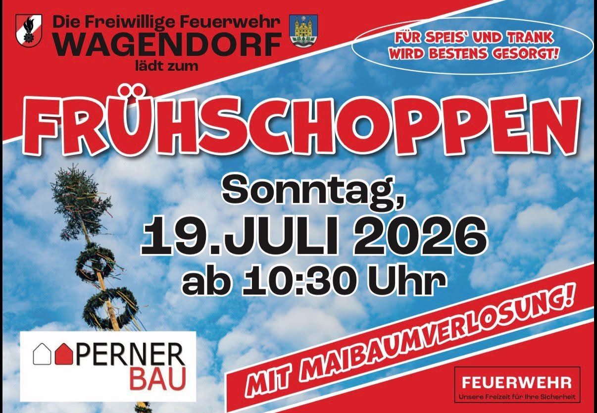 Plakat für die Ruhschoppen-Veranstaltung in Gendorf mit blauem Himmel, einem Baum und einem Logo. Die Veranstaltung wird von der Freiwilligen Feuerwehr Gendorf ausgerichtet und findet am Sonntag, 19. Juli 2026, ab 10:30 Uhr statt.