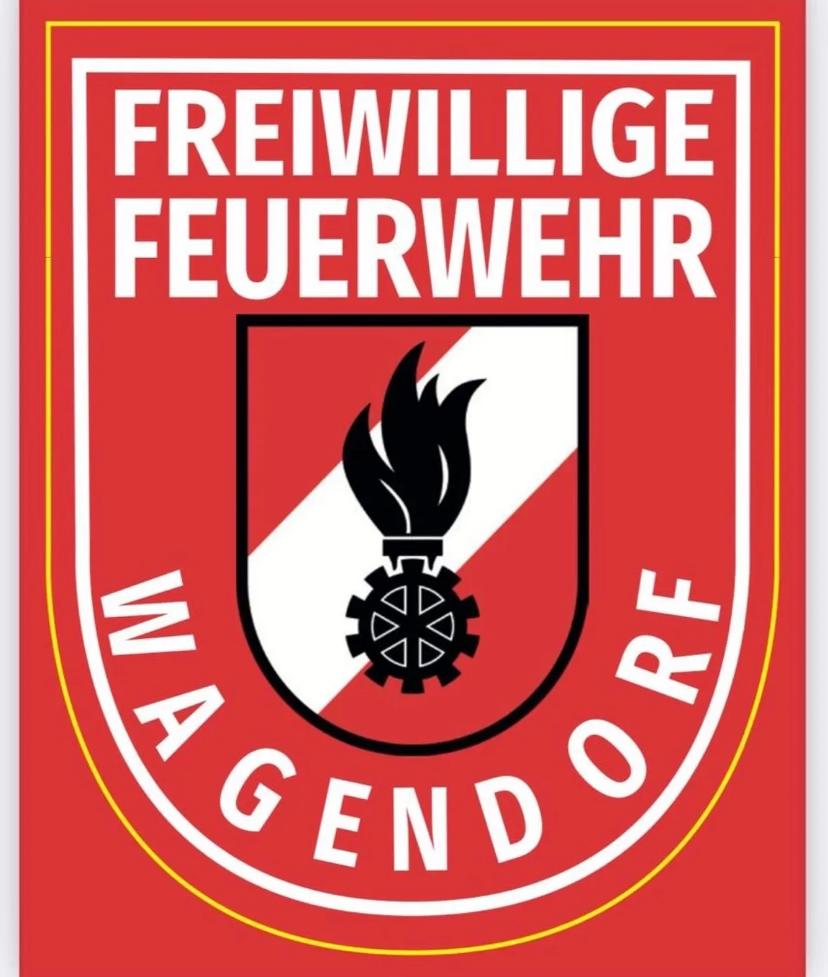 Das Logo der Freiwilligen Feuerwehr Magensdorf, mit einem Flammen- und Zahnradsymbol auf rotem Hintergrund und weißem Text.