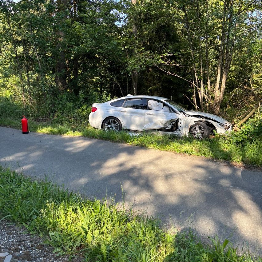 Ein weißer Wagen mit vorderem Schaden steht abseits der Straße neben einem Feuerlöscher. Er ist von grünem Gras und Bäumen umgeben.