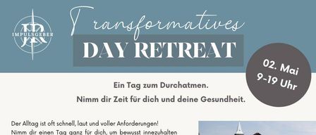 Day retreat advertisement. Offers a day of relaxation and rejuvenation. Includes breathing exercises, meditation, and group discussions. Features a serene setting with a house and garden.