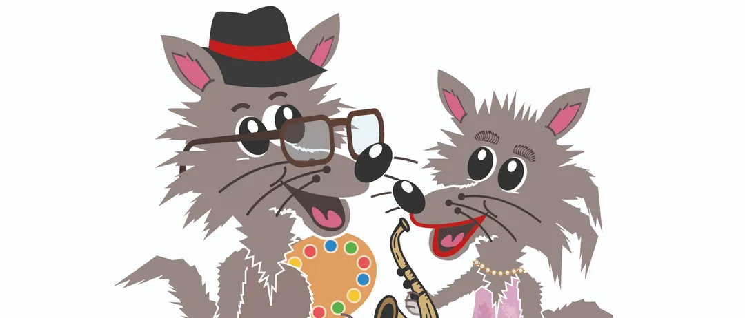 Zwei graue Katzen vor weißem Hintergrund. Eine Katze trägt einen Hut und eine Brille, hält eine Farbpalette und einen Pinsel. Die andere Katze trägt ein rosa Kleid und hält ein Saxophon.
