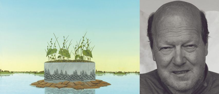 Eine künstlerische Darstellung einer kleinen Insel in einem See mit einem Pflanzgefäß voller grüner Pflanzen. Der Pflanzgefäß hat einen Steinrand.