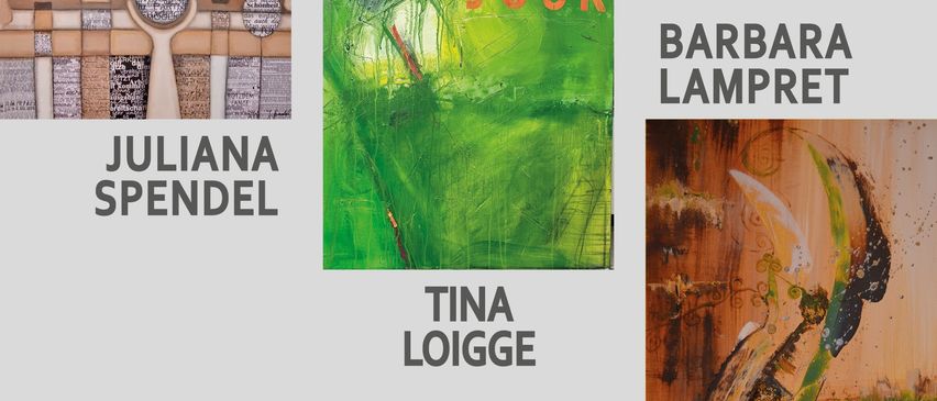 Eine Werbung für eine Kunstausstellung mit Werken von Juliana Spendel, Tina Loigge und Barbara Lampret. Die Ausstellung heißt 'Schmelztiegel der Kunst 3.0' und findet in der Stadtgalerie am Minoritenplatz statt.