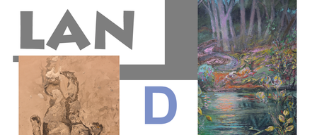 Ein abstraktes Gemälde zeigt eine raue, strukturierte Oberfläche. Darunter sind die Buchstaben 'D' und 'AKT' deutlich zu sehen. Rechts davon befindet sich ein Gemälde einer friedlichen Waldszene mit einem gewundenen Pfad.
