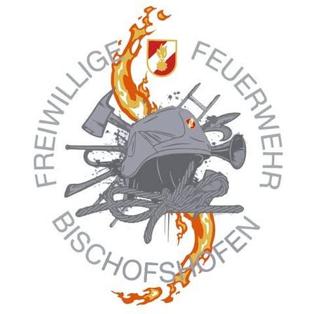 Das Logo der Freiwilligen Feuerwehr Bischofshofen zeigt einen Feuerwehrhelm, eine Axt und ein Seil inmitten von Flammen.