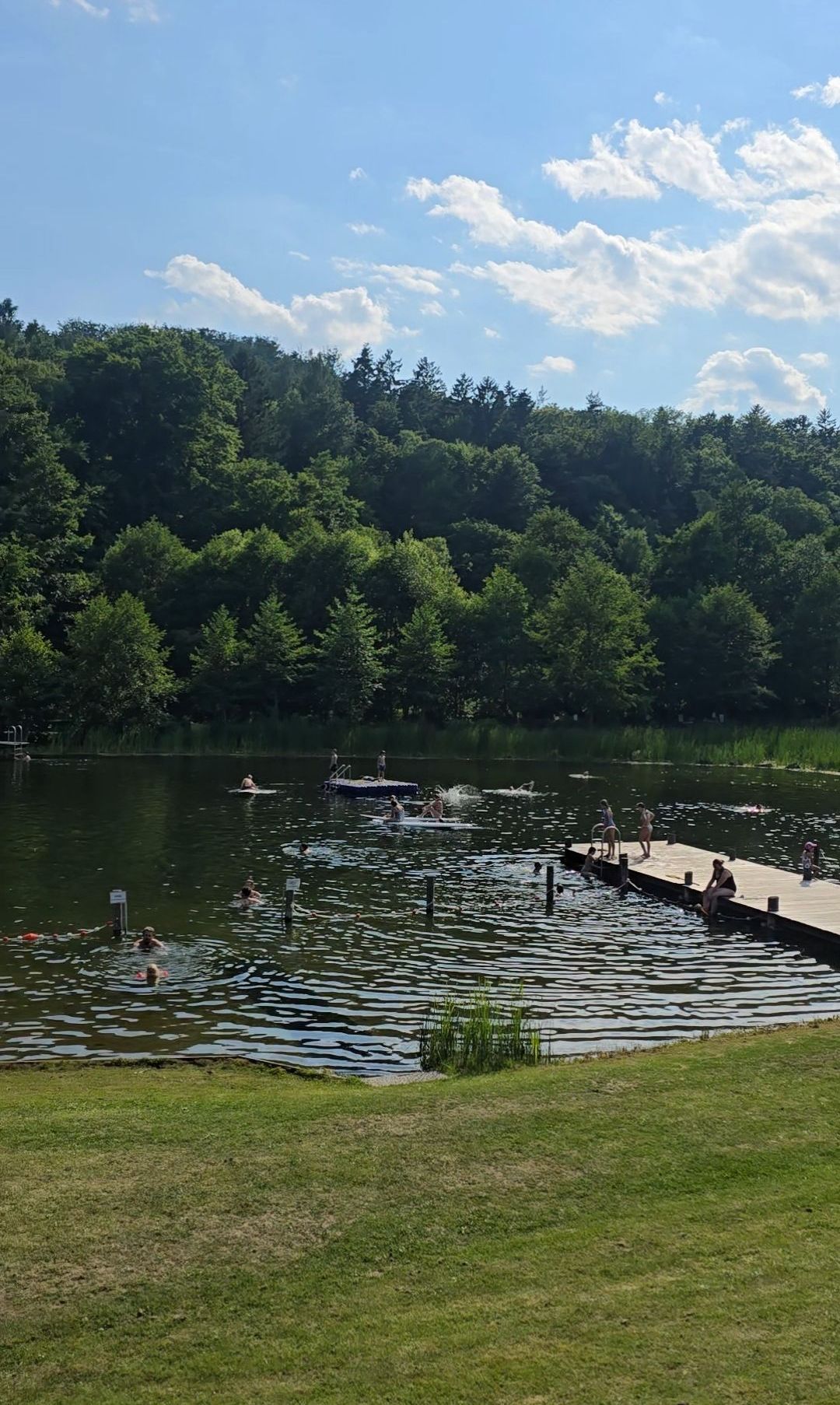 Eine Gruppe von Menschen schwimmt in einem See, einige stehen auf einem Steg. Der See ist von grünen Bäumen umgeben, und der Himmel ist blau mit Wolken.