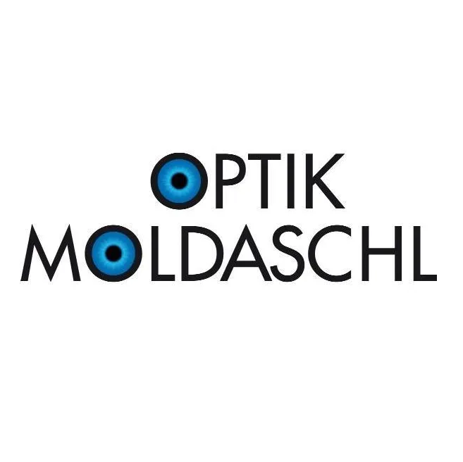 The logo for 'Optik Moldaschl' is displayed. It features two blue eyes with black pupils, the text 'Optik' above the eyes, and 'Moldaschl' below. The eyes are centered above the text.