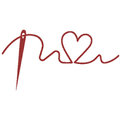 Ein Logo mit einem Herzsymbol und einer Nähnadel, die auf stilisierte, künstlerische Weise miteinander verwoben sind.
