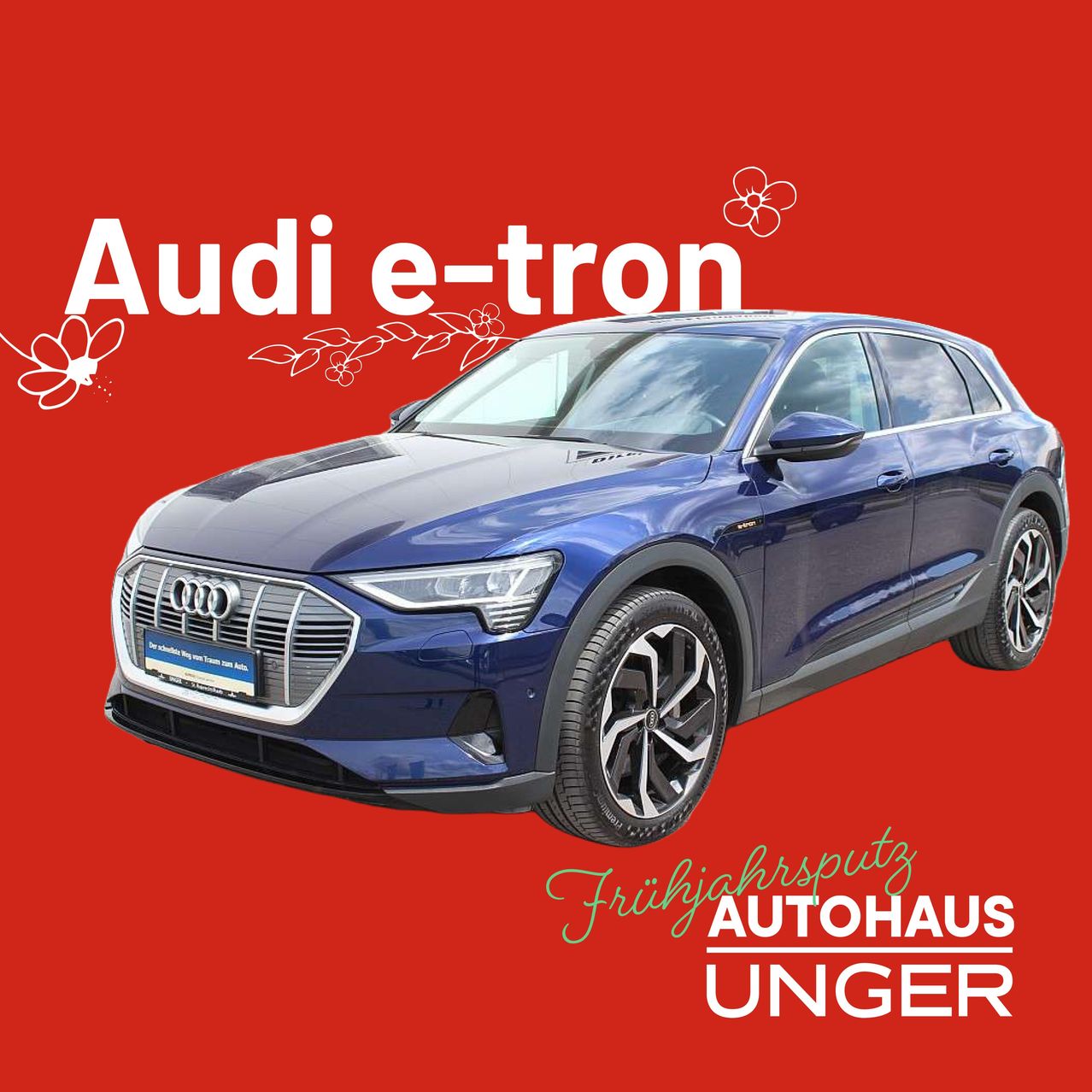 Eine Werbung für den Audi e-tron Elektro-SUV, die sein schlankes Design, die prominente Markenbildung und den leuchtend roten Hintergrund mit weißem Text hervorhebt.