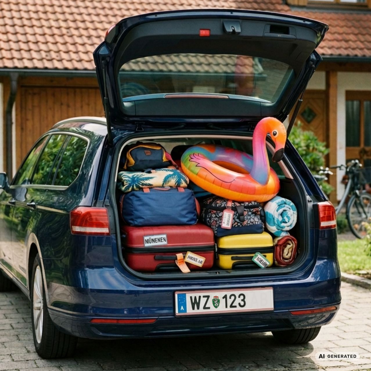 Die Rückseite eines blauen Autos mit offenem Kofferraum, gefüllt mit Gepäck, einem Strandball und einem Strandtuch. Das Auto steht auf einer gepflasterten Oberfläche.