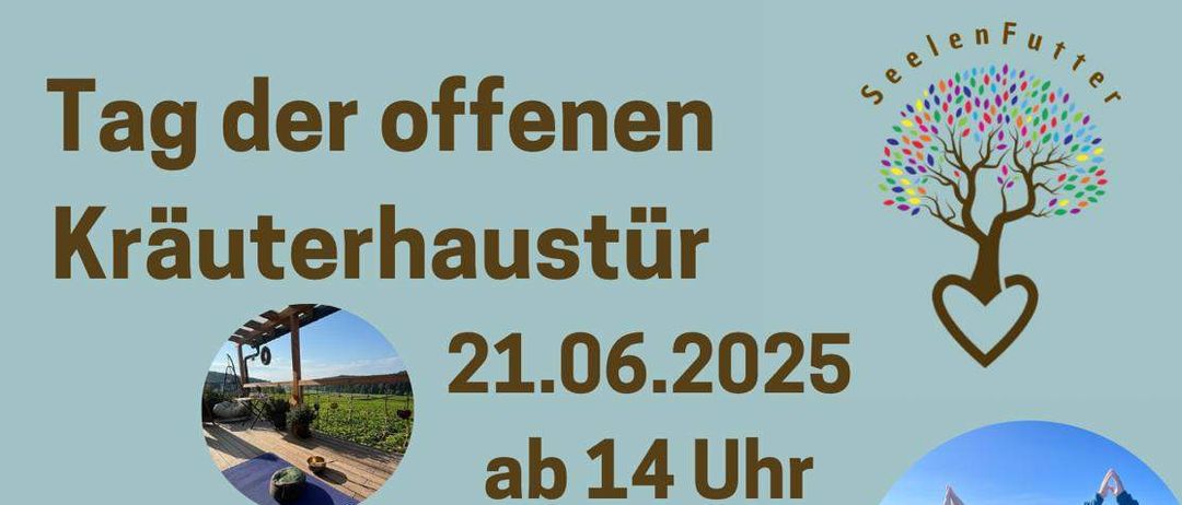 Plakat für einen Kräuterworkshop am 21.06.2025, Beginn um 14 Uhr. Beinhaltet Vorträge über Wildkräuter und Life Kinetik, Yoga-Sessions und ein Agnihotra-Feuerritual. Aktivitäten umfassen Präsentationen, Meditation und Lagerfeuer. Anmeldung für Yoga erforderlich. Ort: Entschendorf/Glawoggen 109, 2301.