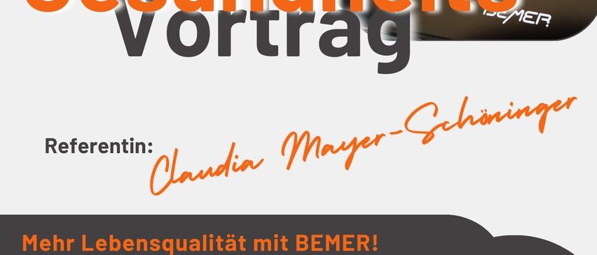 Werbeplakat für einen Gesundheitsvortrag über die physikalische Gefäßtherapie mit BEME. Referentin: Claudia Mayer-Schminger. Datum: 29.09.2025, 19:00 Uhr. Ort: HARTI's Kabarettcafe, St. Margarethen/Raab 41, 8321 St. Margarethen/Raab.