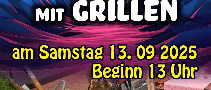 Plakat für das Saisonfinale mit Grillen, mit einer Berglandschaft und Musikinstrumenten, für Samstag, 13. September 2025, Beginn um 13 Uhr.