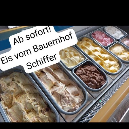 Eine Auswahl an Eissorten in einer gekühlten Vitrine, mit Schildern auf Deutsch, die 'Ab sofort!' und 'Eis vom Bauernhof Schiffer' werben.