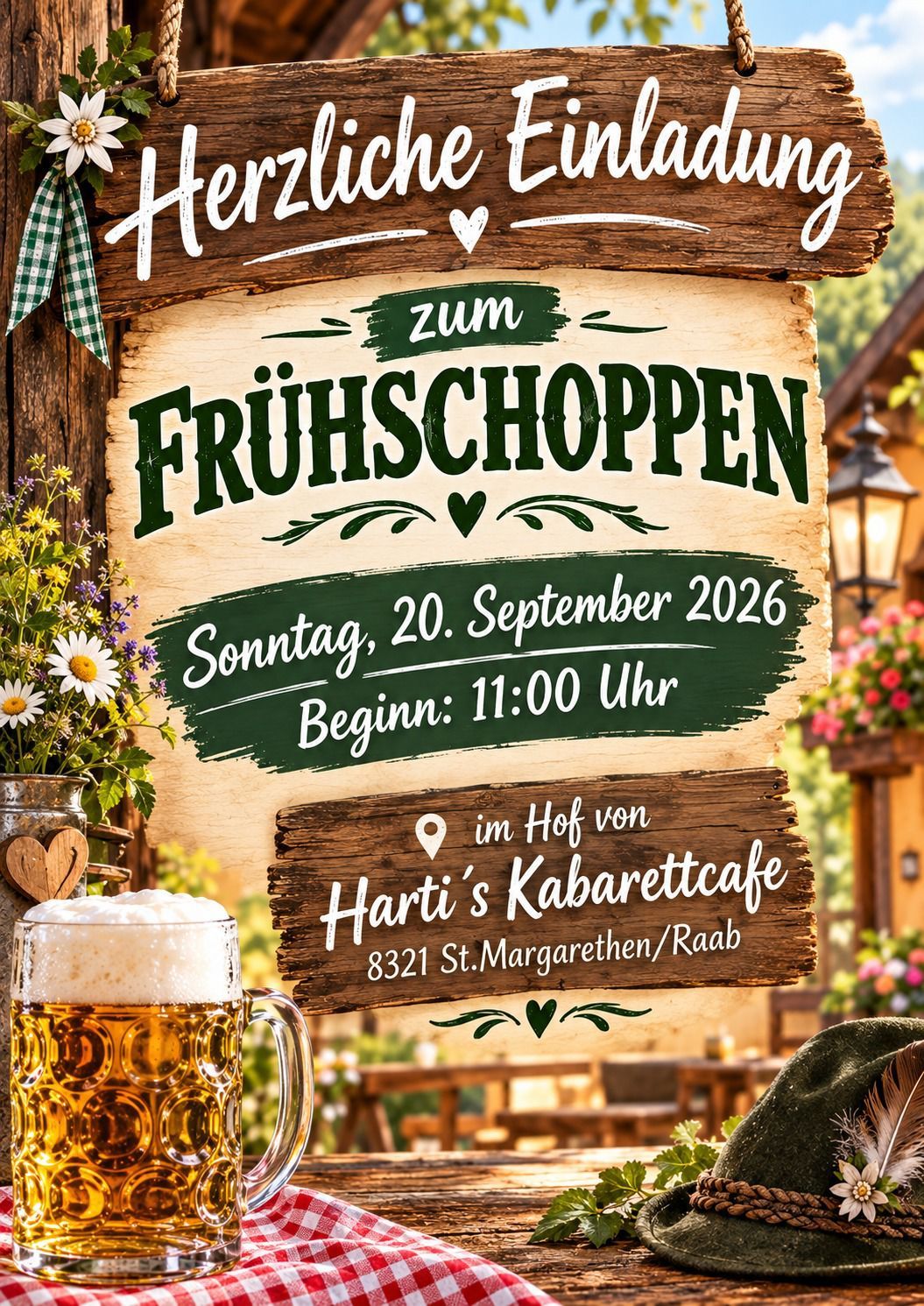 Ein Holzschild bewirbt ein Bierfest 'Fruhschopppen' am Sonntag, 20. September 2026, Beginn um 11:00 Uhr im Hof von Harti's Kabarettcafe.