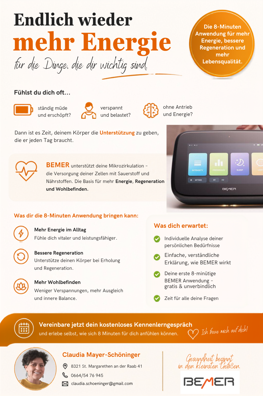Ein Infografik über BEMER, das seine Vorteile wie erhöhte Energie, bessere Regeneration und verbessertes Wohlbefinden hervorhebt. Das Bild zeigt einen Smartphone-Bildschirm mit der BEMER-Schnittstelle. Es bewirbt ein kostenloses Beratungsgespräch für Benutzer.