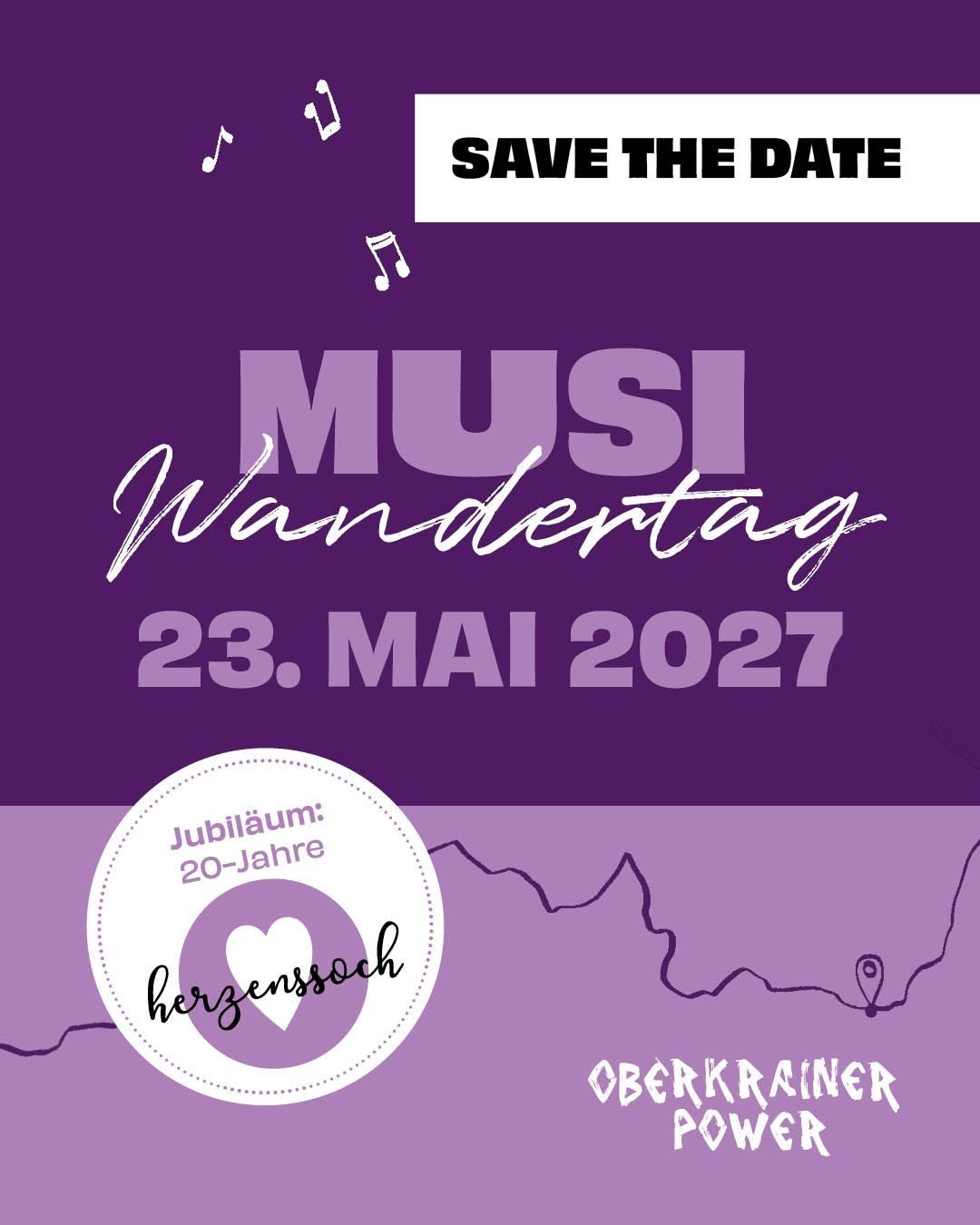 Speichern Sie das Datum für den Musik-Wandertag am 23. Mai 2027. Das Poster feiert den 20. Jahrestag mit einem violetten Hintergrund und musikalischen Noten. Ein Herz und eine Karte zeigen eine freudige Reise an.