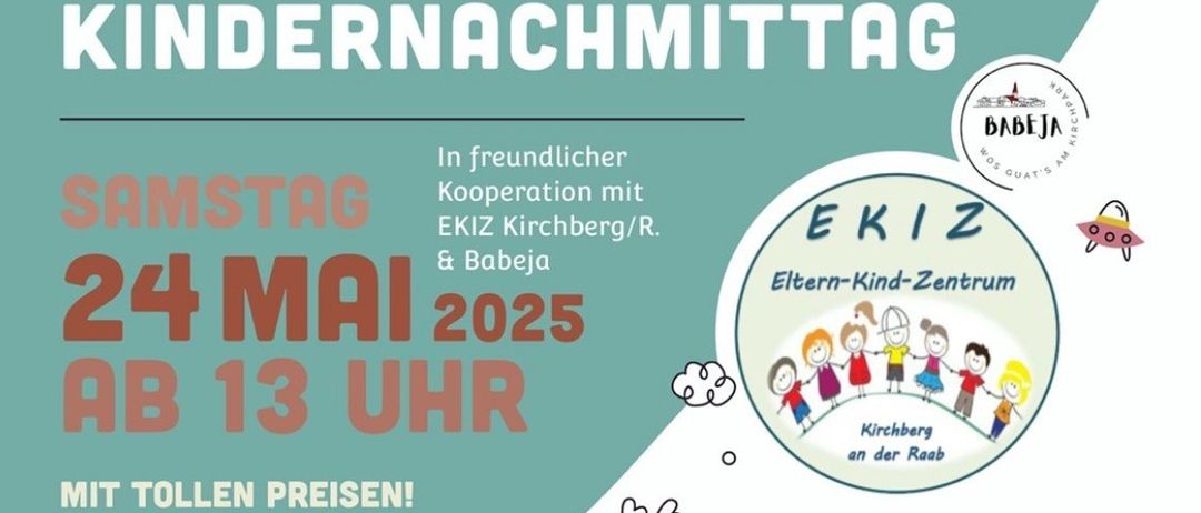 Eine Einladung zum Helden Kindergarten Kindertag. Die Veranstaltung findet am Samstag, den 24. Mai 2025, ab 13 Uhr statt. Sie wird in freundlicher Zusammenarbeit mit EKIz Kirchberg/R. & Babeja abgehalten. Das Plakat zeigt Kinder und Sterne.
