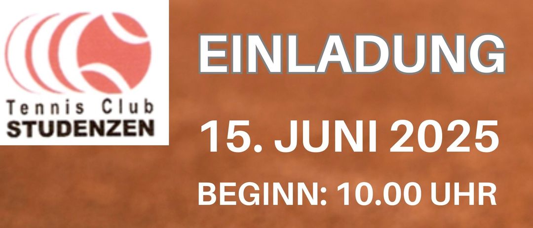 Plakat für Studenten Tennis Club. Veranstaltung am 15. Juni 2025. Beginn: 10:00 Uhr. Kostenloses Tennis- und Kochevent. Anmeldung für Kindertenniskurs vom 7. bis 11. Juli 2025.
