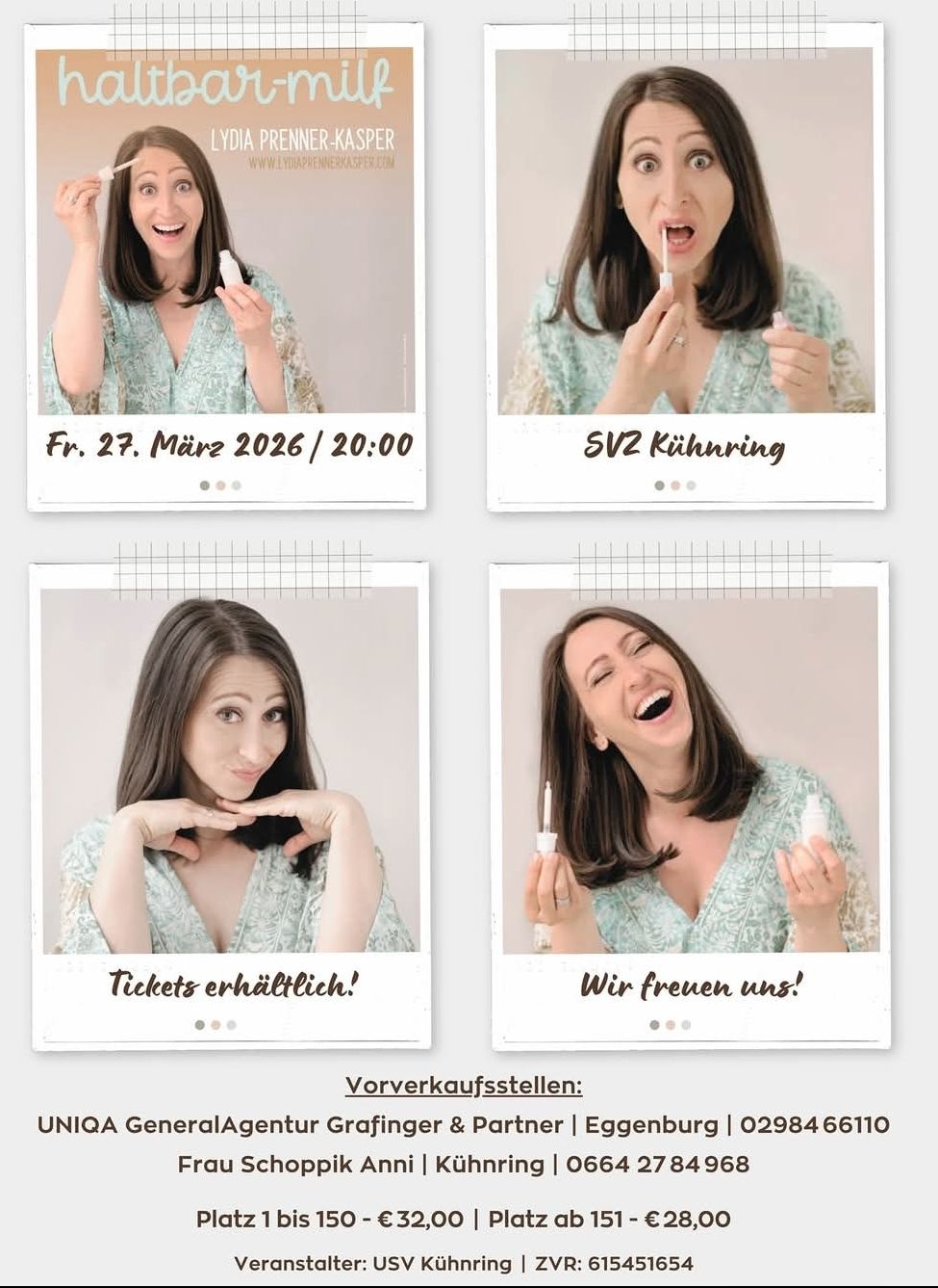 Vier Bilder einer Frau, die lächelt und Produkte hält. Oben links: Frau hält eine Flasche und lächelt. Oben rechts: Frau putzt Zähne. Unten links: Frau macht Friedenszeichen. Unten rechts: Frau hält eine Flasche und lächelt.